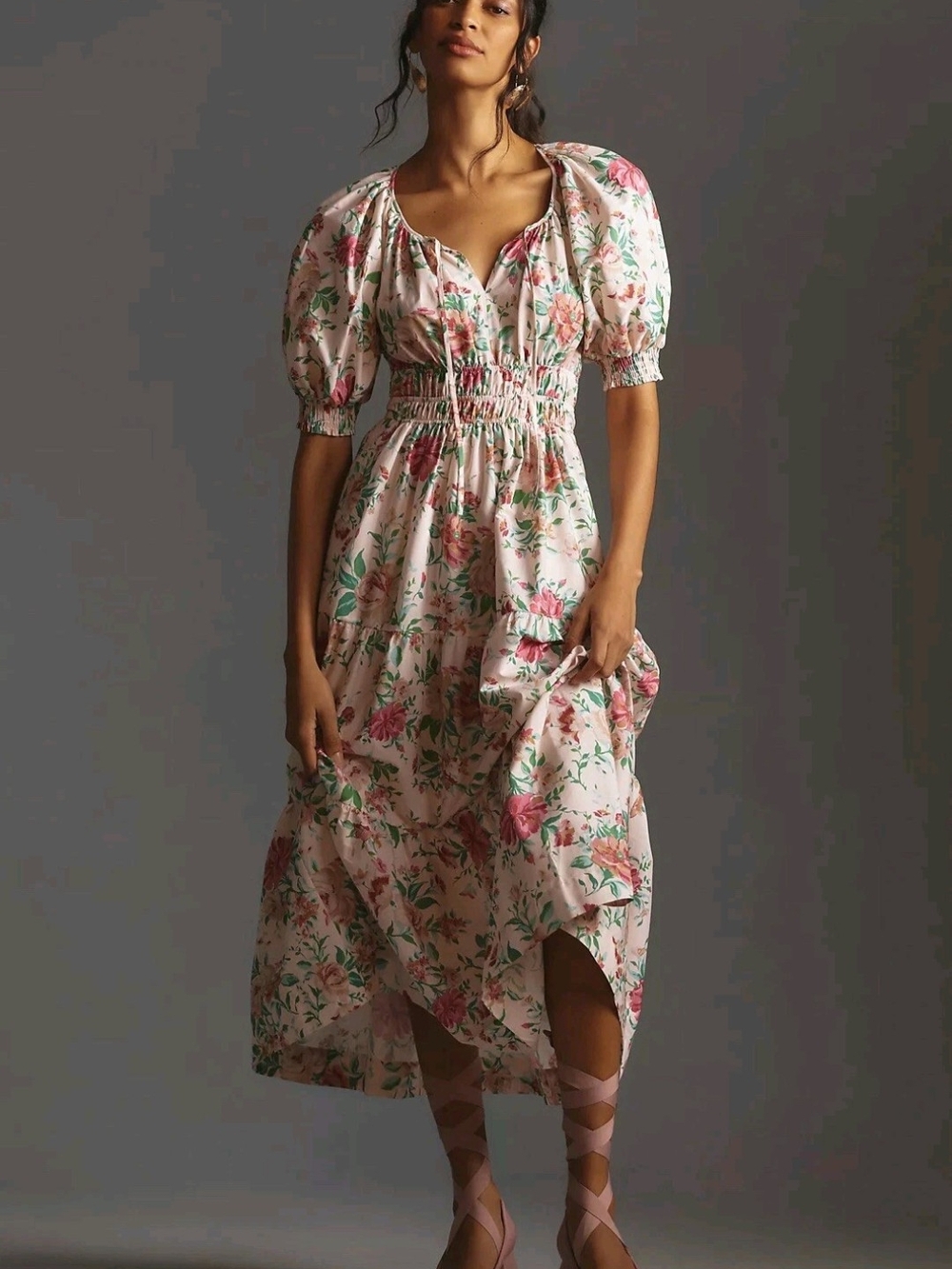 Anthropologie Somerset Maxi Dress L Floral Puff Sleeve Cottagecore Boho Pink